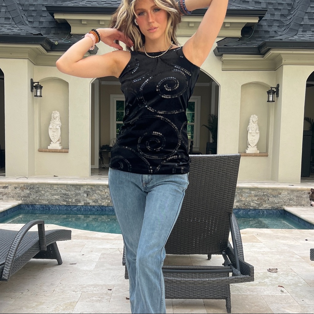 Black Velvet Tank with Sequin Swirl Detailing